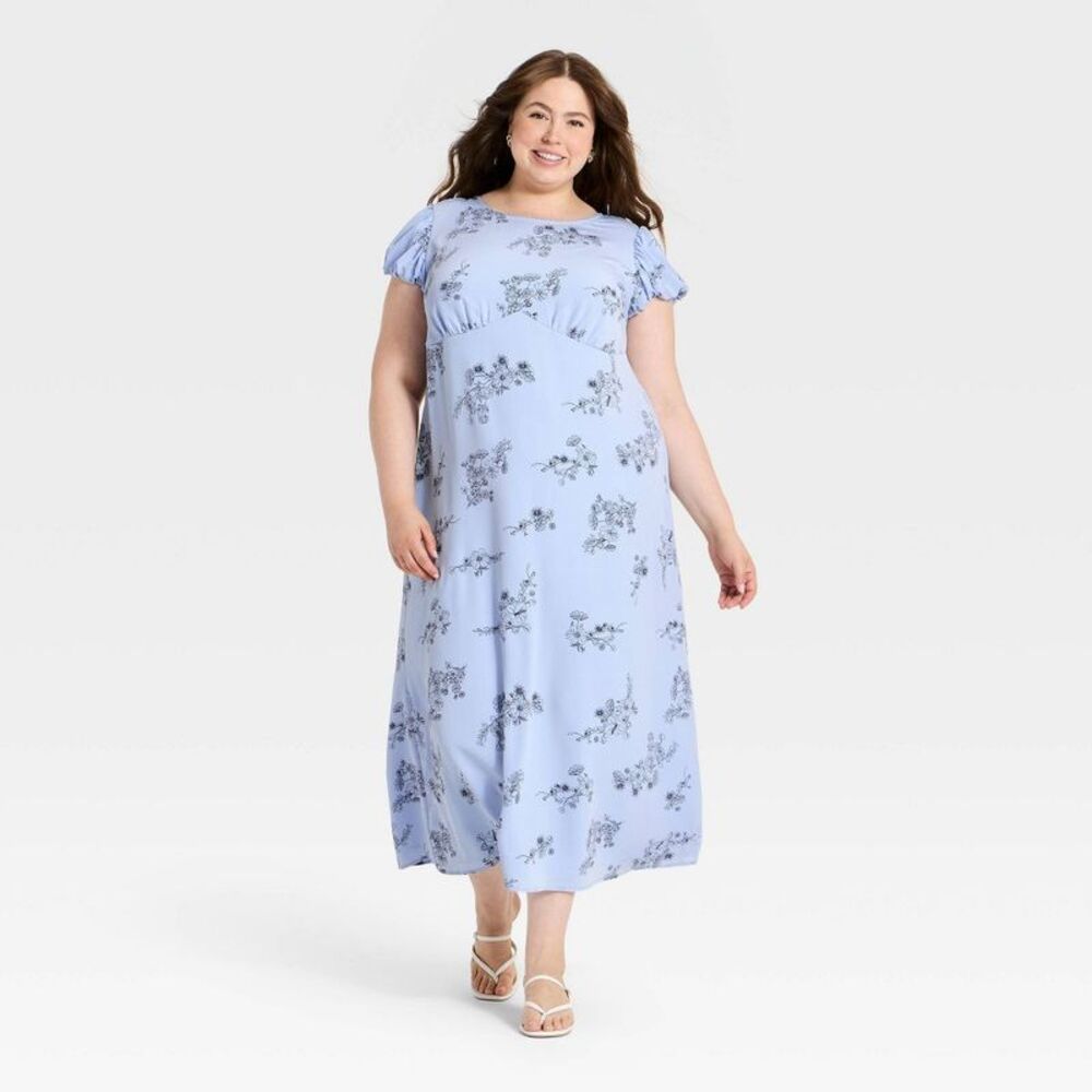 Women's Puff Short Sleeve Floral Maxi Dress - A New Day Light Blue 3X